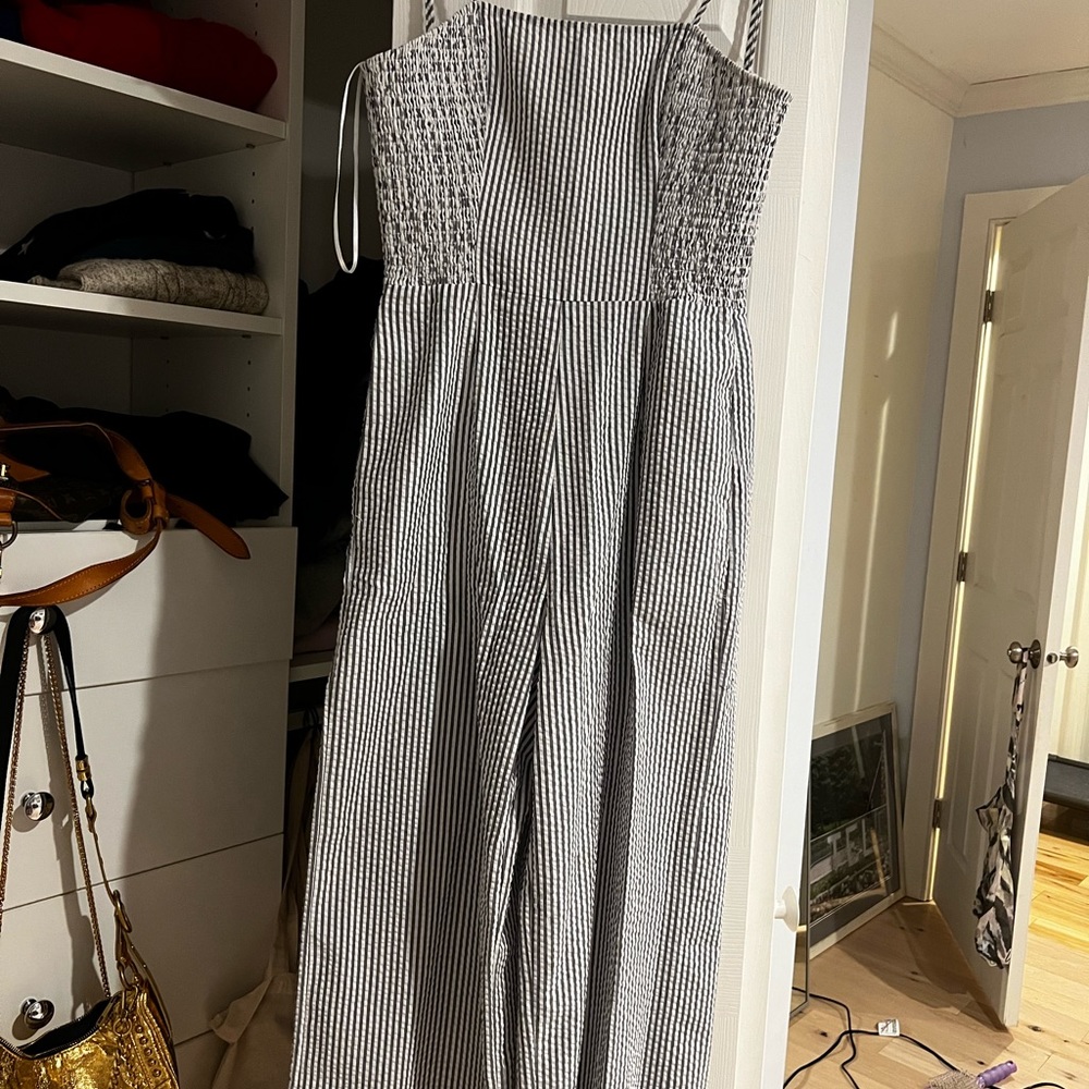 Blue and white striped jumpsuit